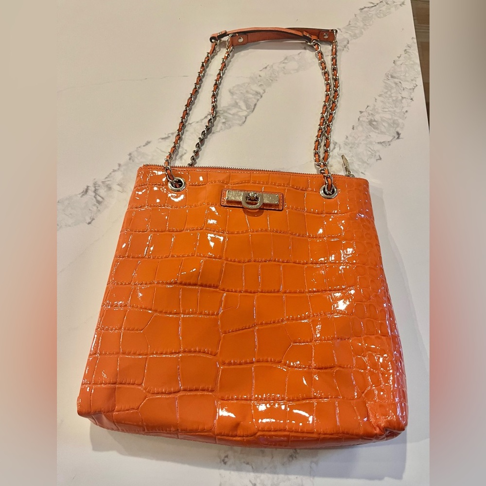 Orange Kelly Chain purse DKNY crocodile alligator embossed patent leather tote
